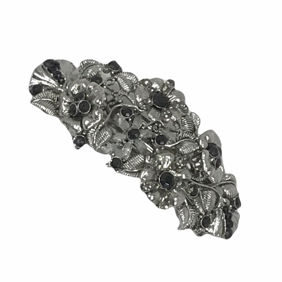 Rhinestones Flowers Hair Clip, Silver Tone and Black - Picture 5 of 5